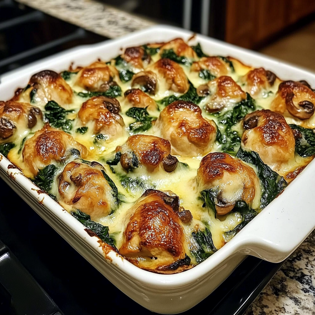 Chicken spinach and mushroom low carb oven dish in rustic bakeware