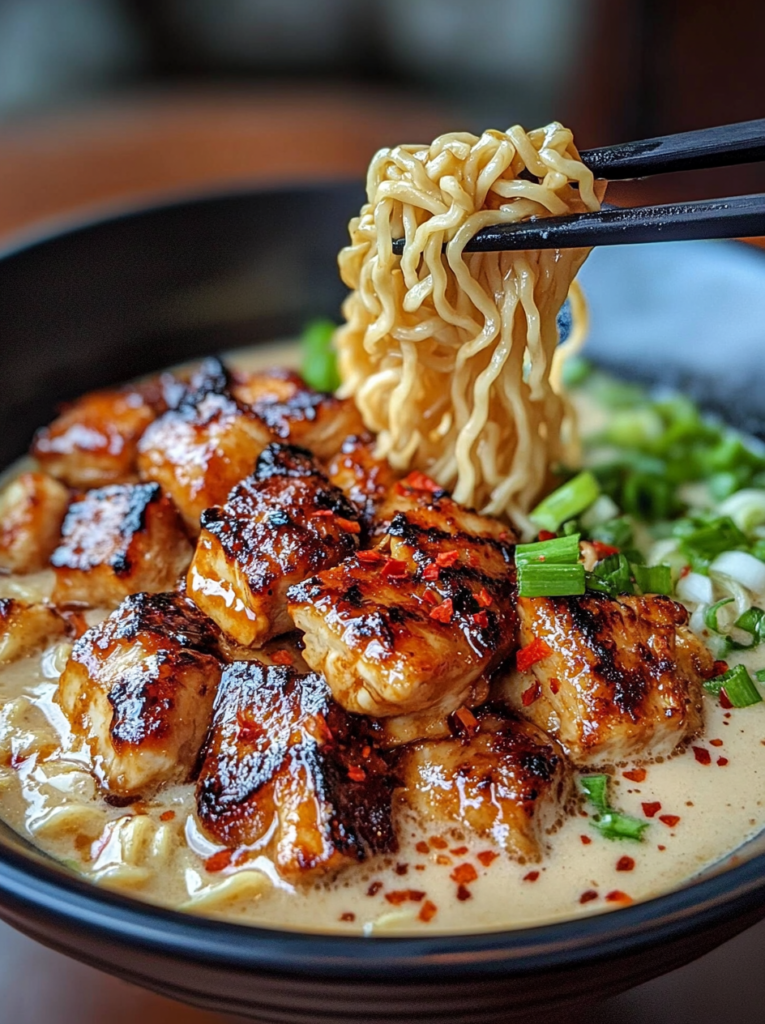 Caramelized Spicy Garlic Chicken Ramen with Creamy Chili Broth