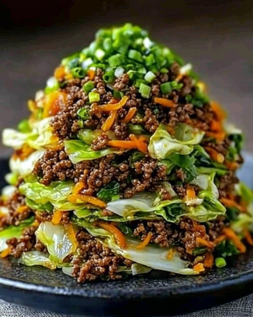 Healthy Chinese Ground Beef & Cabbage Stir Fry Stack served in a rustic bowl