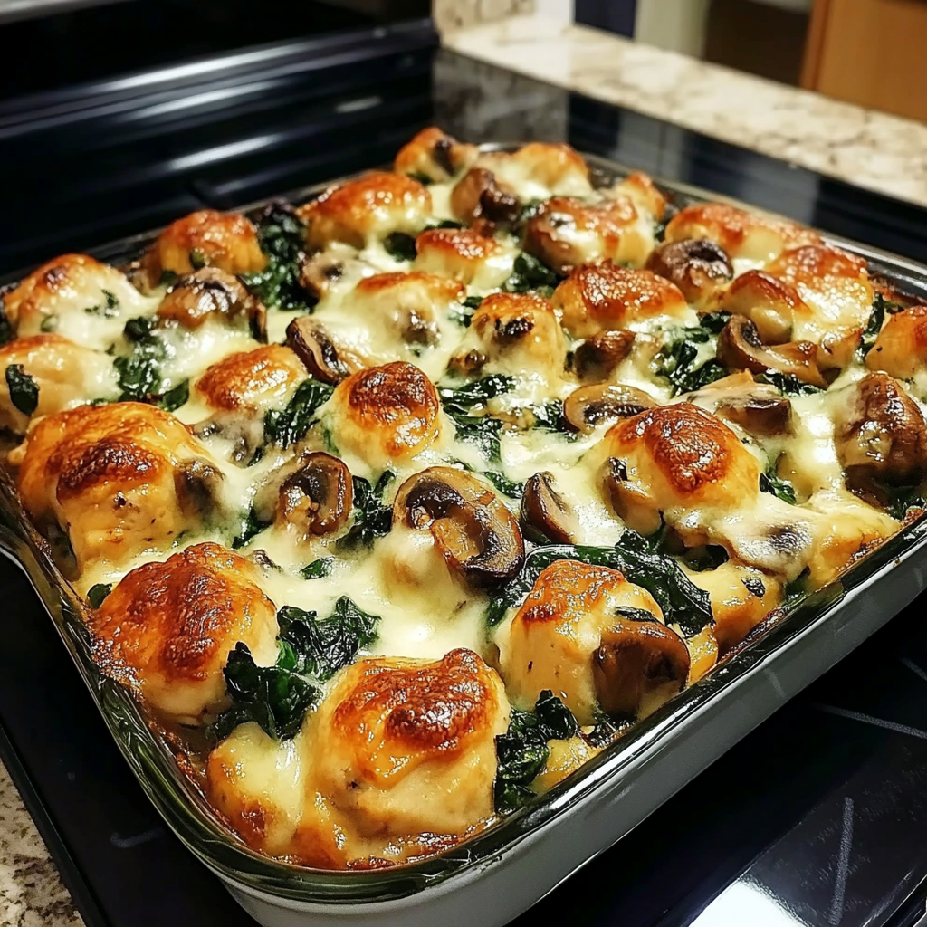 Chicken spinach and mushroom low carb oven dish in rustic bakeware