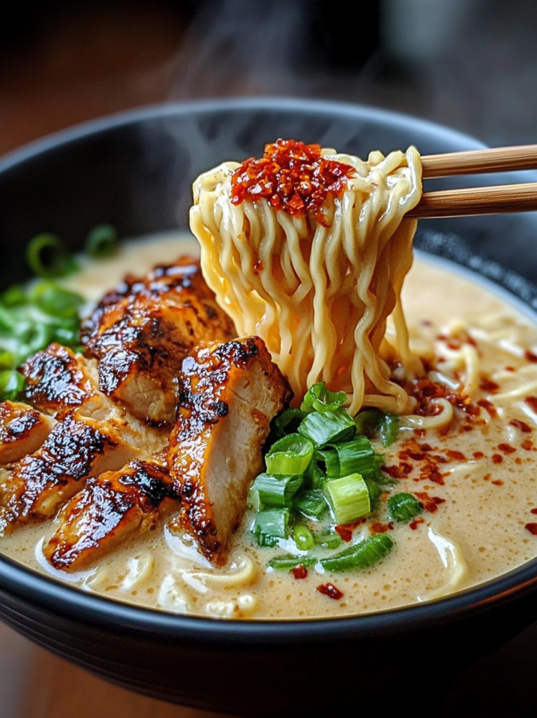 Caramelized Spicy Garlic Chicken Ramen with Creamy Chili Broth