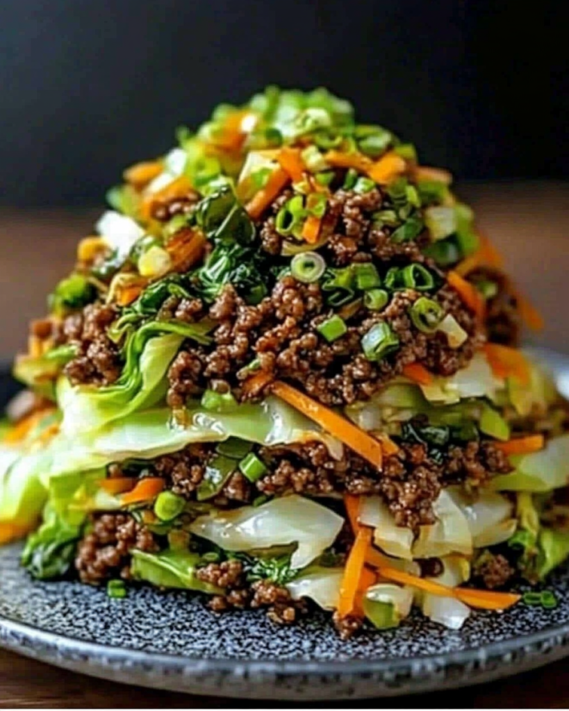 Healthy Chinese Ground Beef & Cabbage Stir Fry Stack served in a rustic bowl