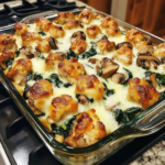 Chicken spinach and mushroom low carb oven dish in rustic bakeware