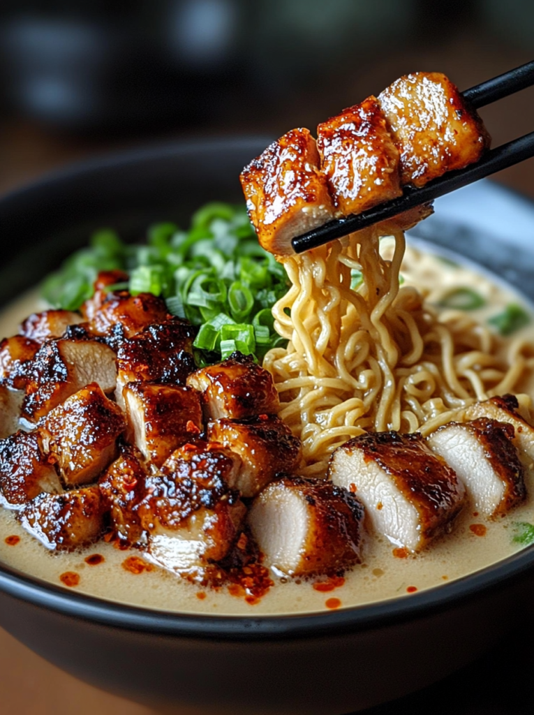 Caramelized Spicy Garlic Chicken Ramen with Creamy Chili Broth