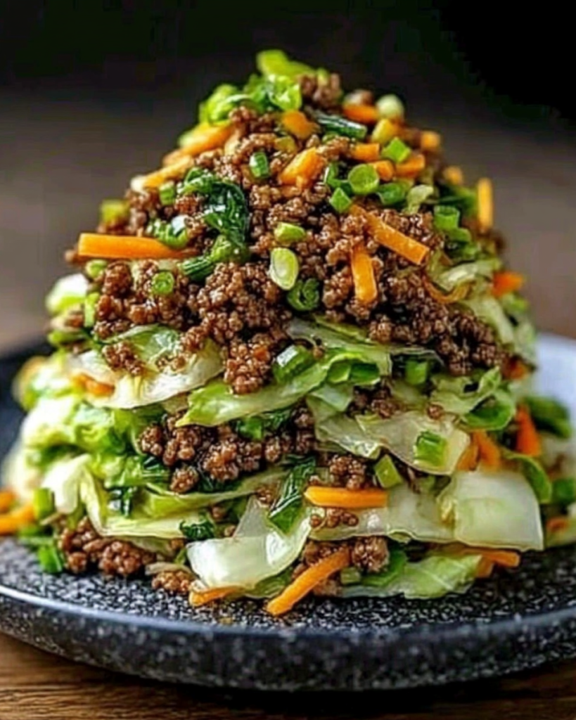Healthy Chinese Ground Beef & Cabbage Stir Fry Stack served in a rustic bowl