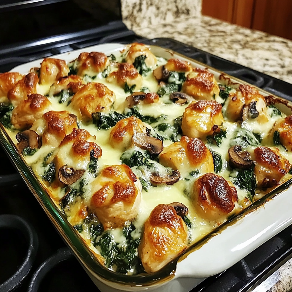 Chicken spinach and mushroom low carb oven dish in rustic bakeware