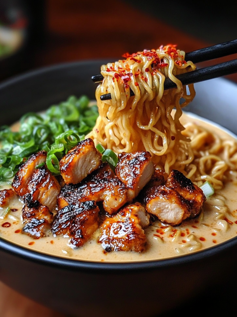 Caramelized Spicy Garlic Chicken Ramen with Creamy Chili Broth