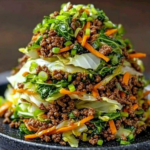 Healthy Chinese Ground Beef & Cabbage Stir Fry Stack served in a rustic bowl