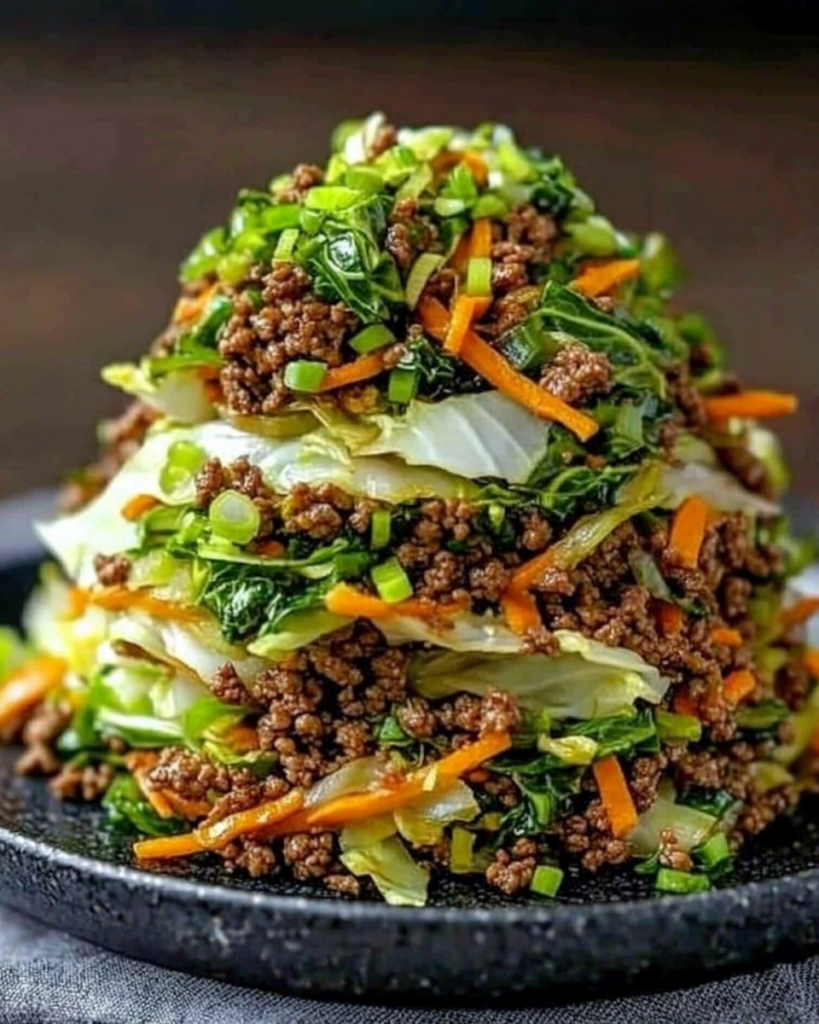 Healthy Chinese Ground Beef & Cabbage Stir Fry Stack served in a rustic bowl