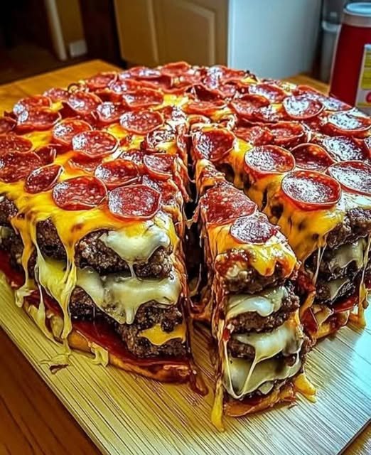 Giant Double Cheeseburger Pizza slice with melted cheese