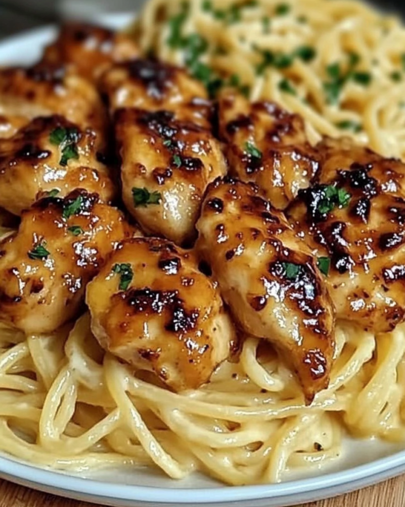 Lemon Garlic Butter Chicken with Creamy Parmesan Pasta in skillet
