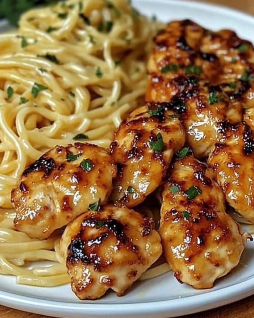 Lemon Garlic Butter Chicken with Creamy Parmesan Pasta in skillet