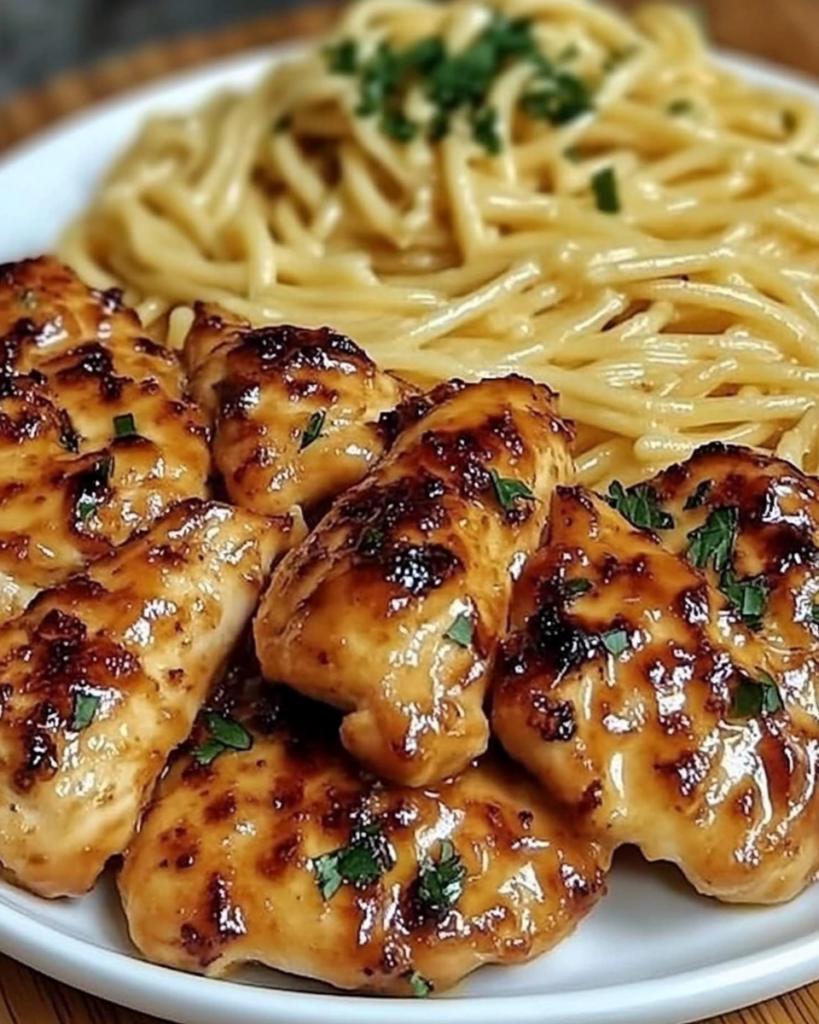 Lemon Garlic Butter Chicken with Creamy Parmesan Pasta in skillet
