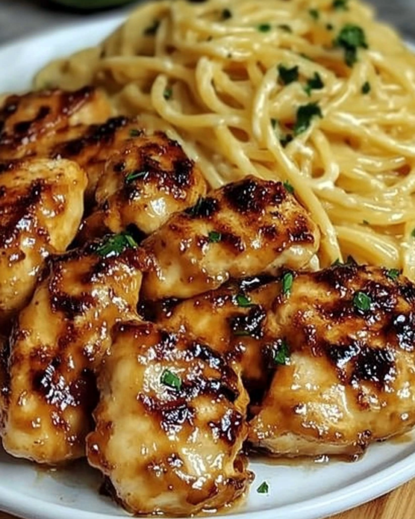 Lemon Garlic Butter Chicken with Creamy Parmesan Pasta in skillet