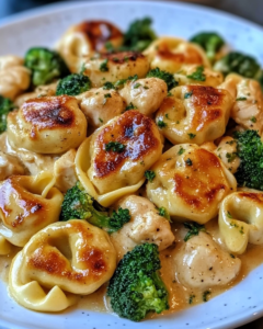 Creamy Garlic Parmesan Tortellini with Chicken and Broccoli in bowl