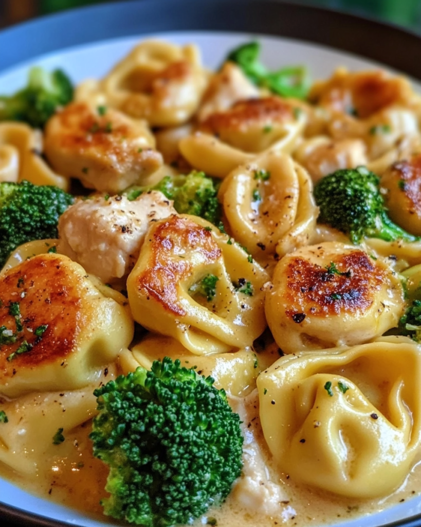Creamy Garlic Parmesan Tortellini with Chicken and Broccoli in bowl
