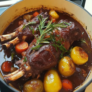 tender red wine-braised lamb shanks with rosemary & root vegetables