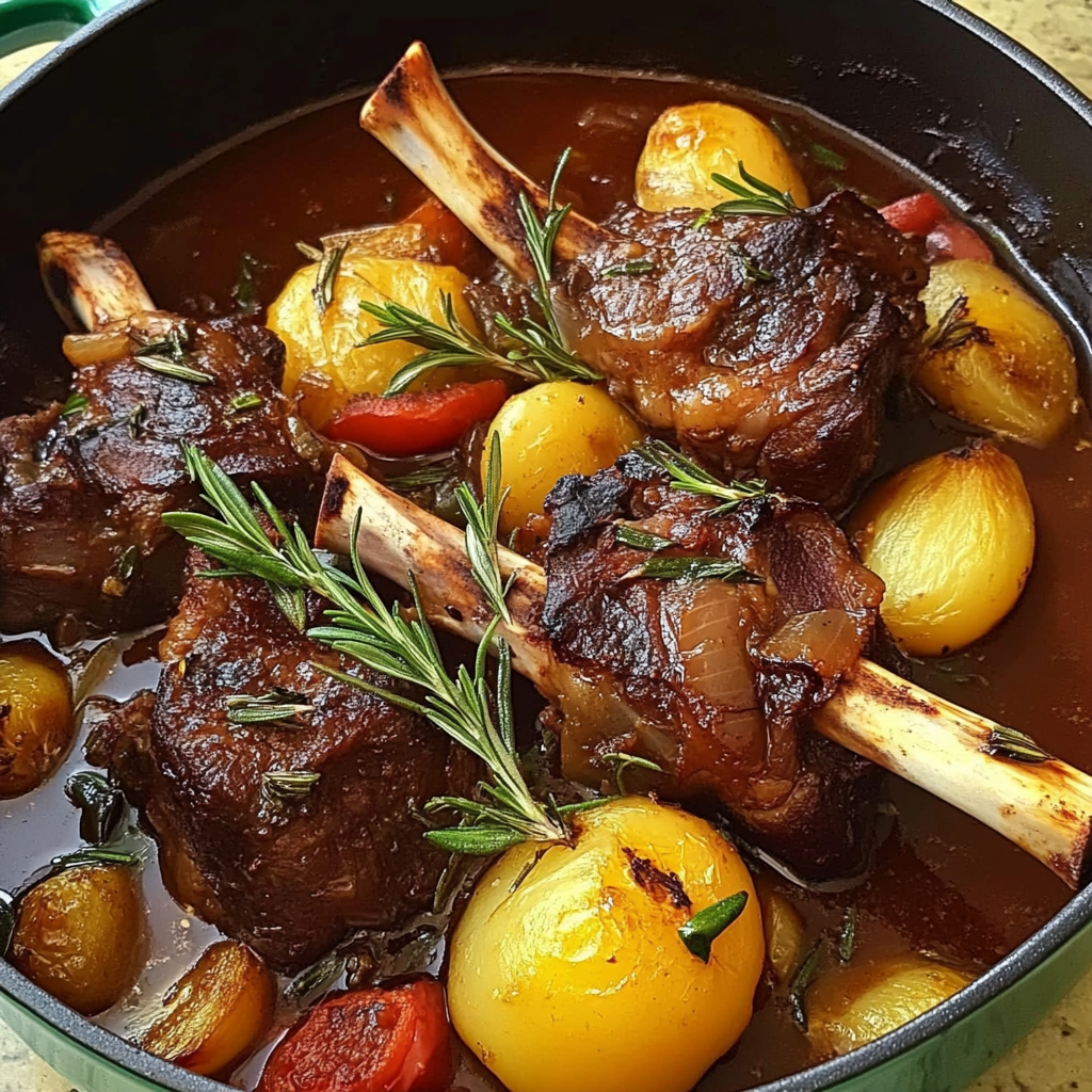 tender red wine-braised lamb shanks with rosemary & root vegetables