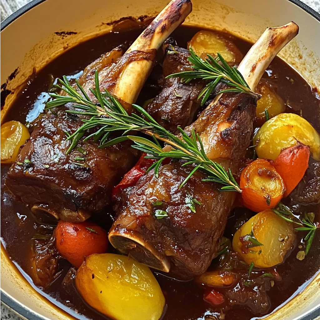 tender red wine-braised lamb shanks with rosemary & root vegetables