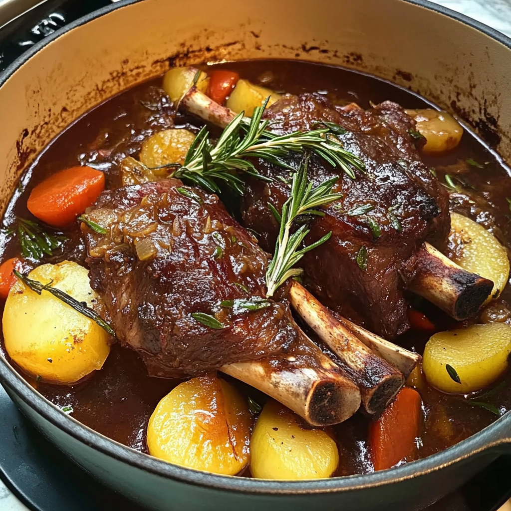 tender red wine-braised lamb shanks with rosemary & root vegetables