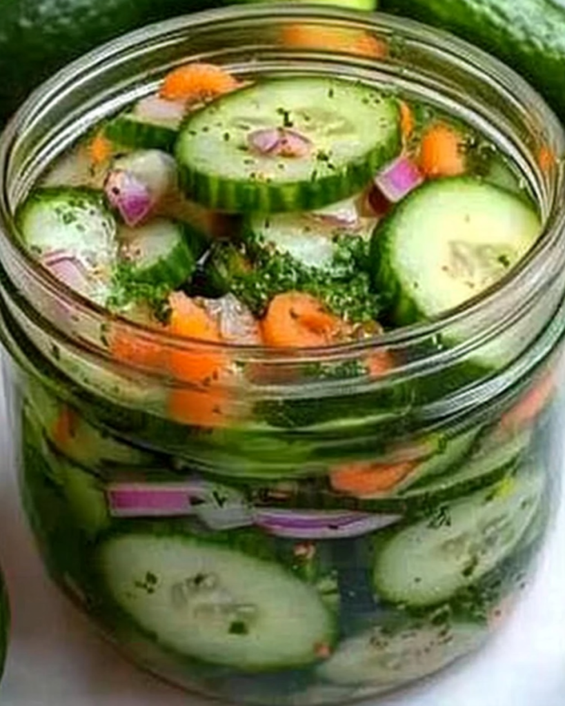 Fresh pickled cucumber salad in a mason jar on wooden table