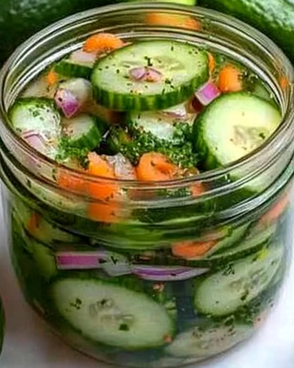 Fresh pickled cucumber salad in a mason jar on wooden table