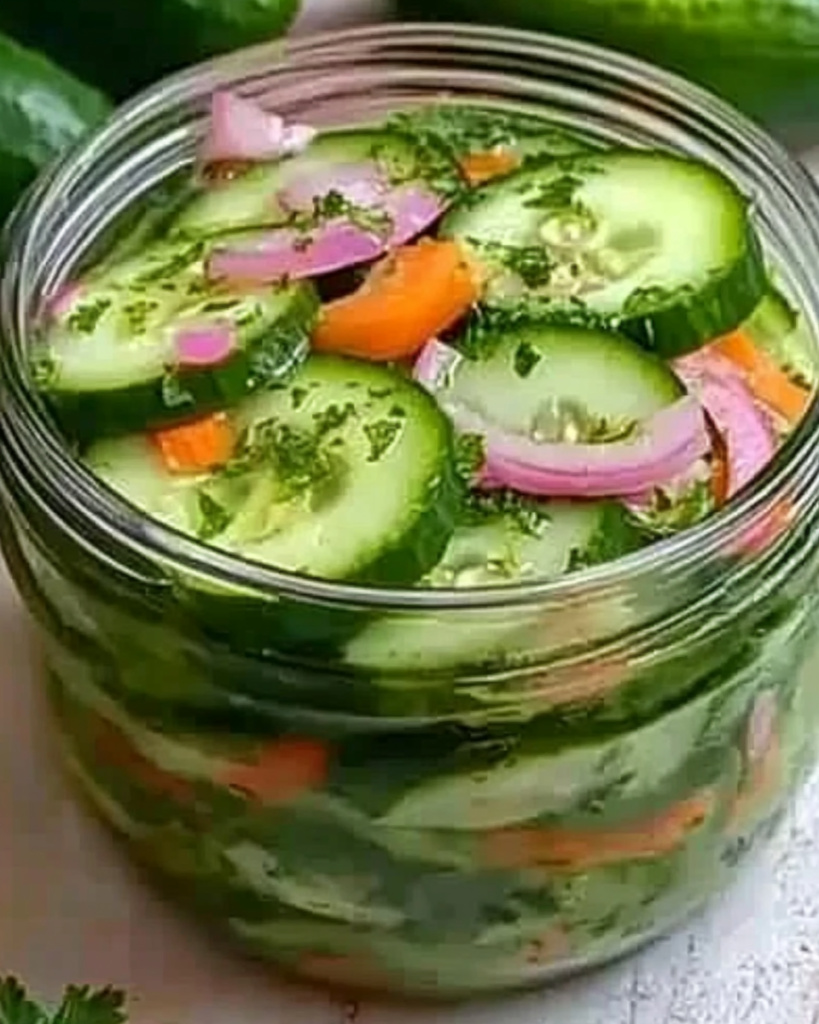 Fresh pickled cucumber salad in a mason jar on wooden table