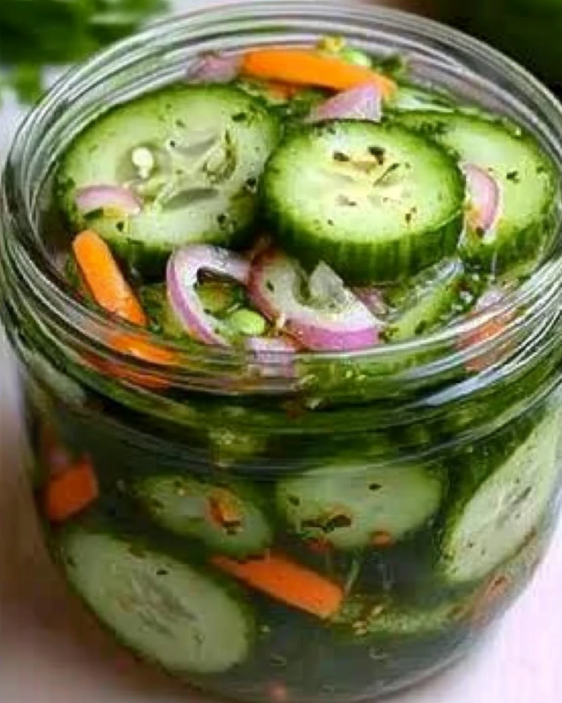 Fresh pickled cucumber salad in a mason jar on wooden table