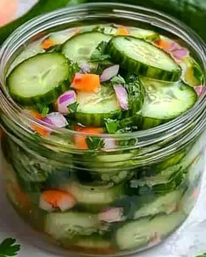 Fresh pickled cucumber salad in a mason jar on wooden table