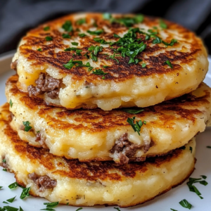 Mashed potato pancakes with meat filling on wooden plate