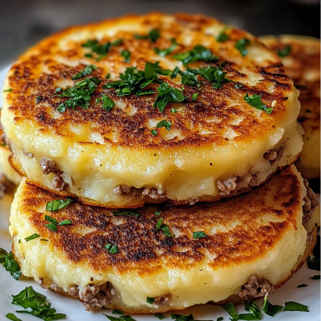 Mashed potato pancakes with meat filling on wooden plate