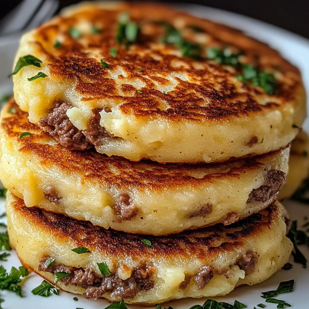 Mashed potato pancakes with meat filling on wooden plate