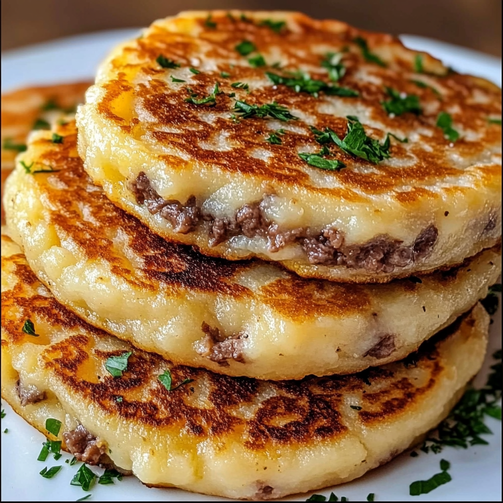 Mashed potato pancakes with meat filling on wooden plate