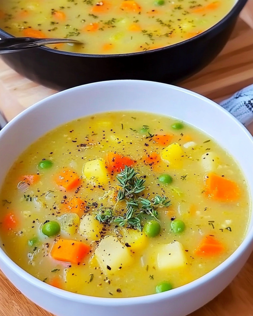 Veggie Soup with Herbs & Peas in a rustic bowl with steam rising