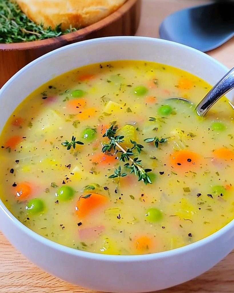 Veggie Soup with Herbs & Peas in a rustic bowl with steam rising