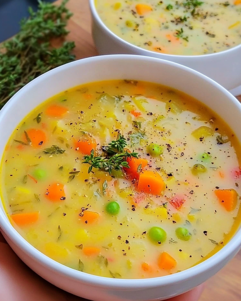 Veggie Soup with Herbs & Peas in a rustic bowl with steam rising