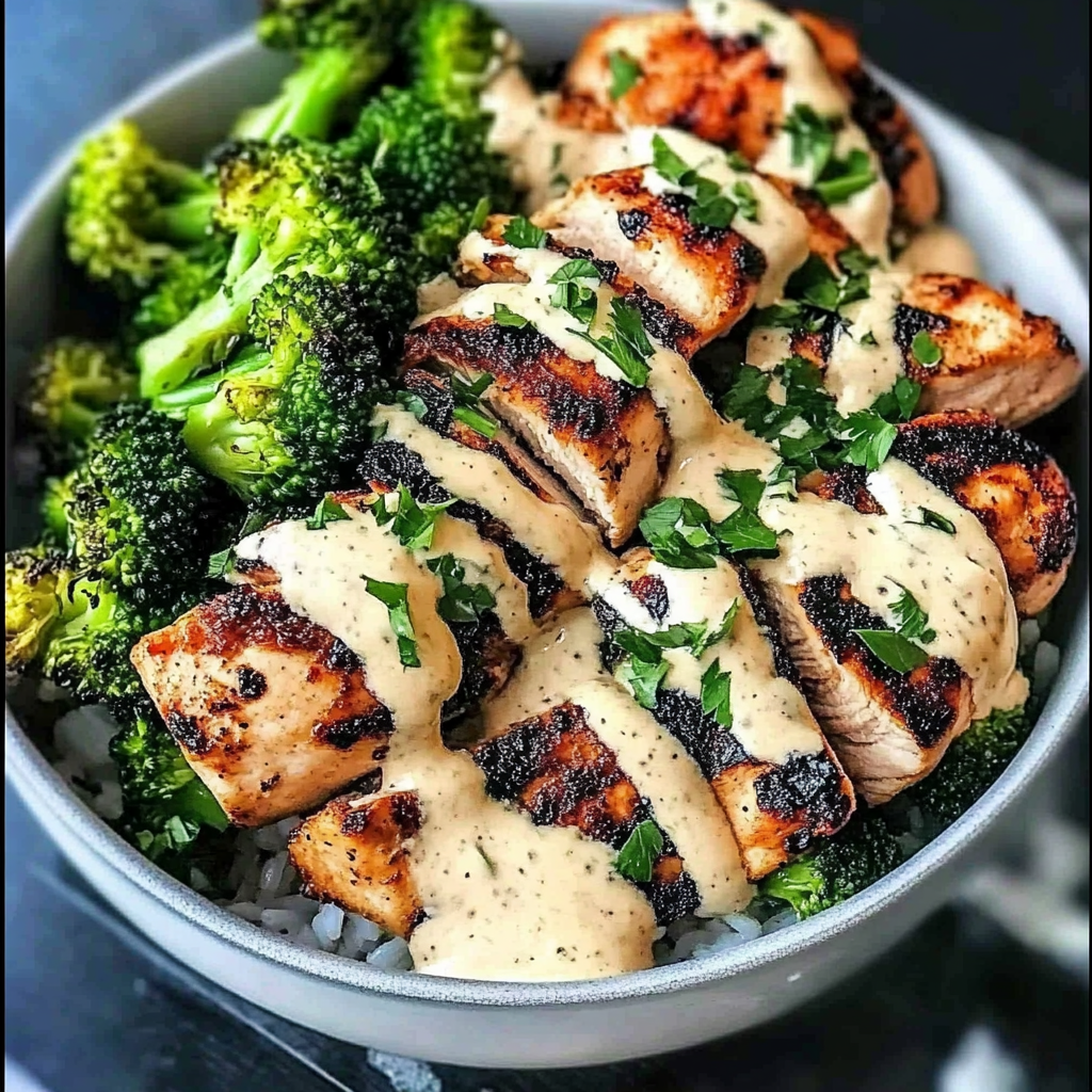 Grilled chicken and broccoli bowl with creamy garlic sauce
