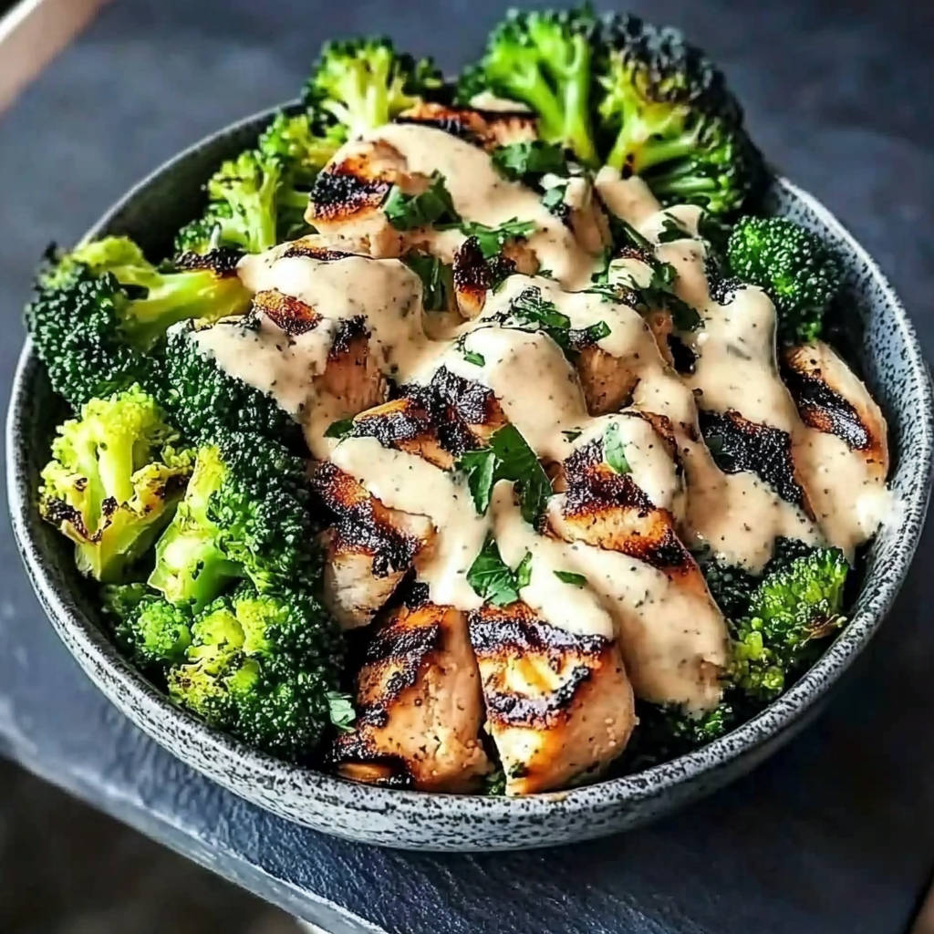 Grilled chicken and broccoli bowl with creamy garlic sauce