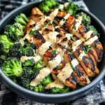 Grilled chicken and broccoli bowl with creamy garlic sauce