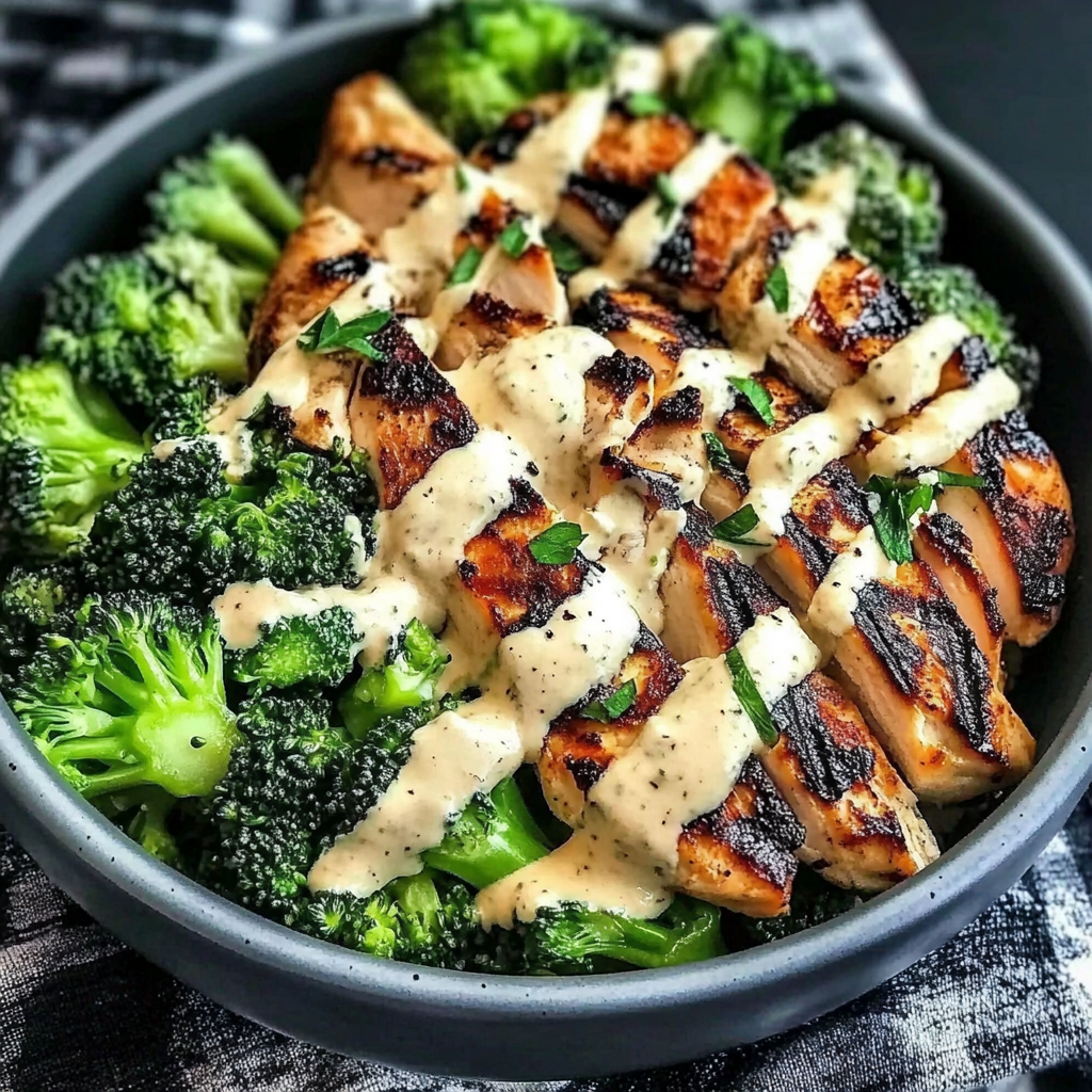 Grilled chicken and broccoli bowl with creamy garlic sauce
