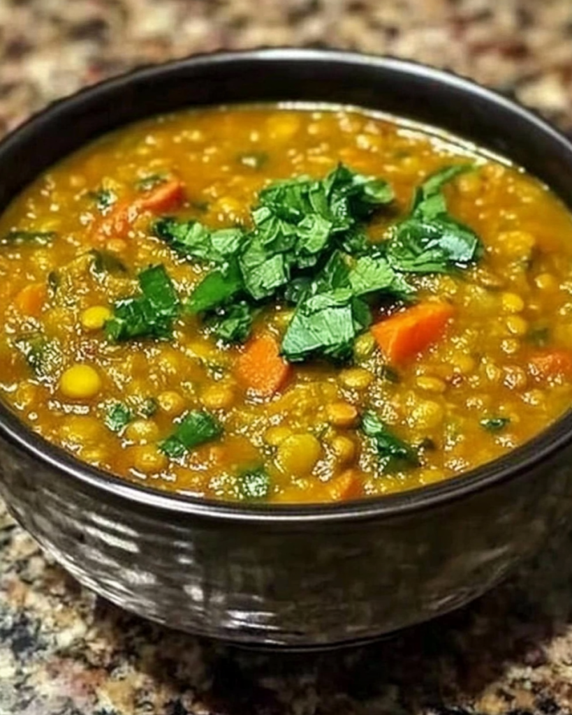 Turmeric Ginger Lentil Soup served hot with coconut milk and lemon