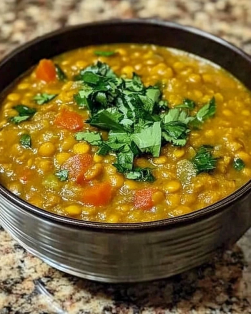 Turmeric Ginger Lentil Soup served hot with coconut milk and lemon