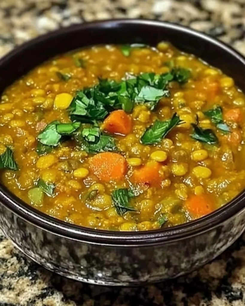 Turmeric Ginger Lentil Soup served hot with coconut milk and lemon