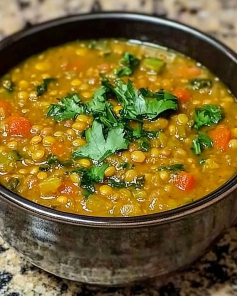 Turmeric Ginger Lentil Soup served hot with coconut milk and lemon