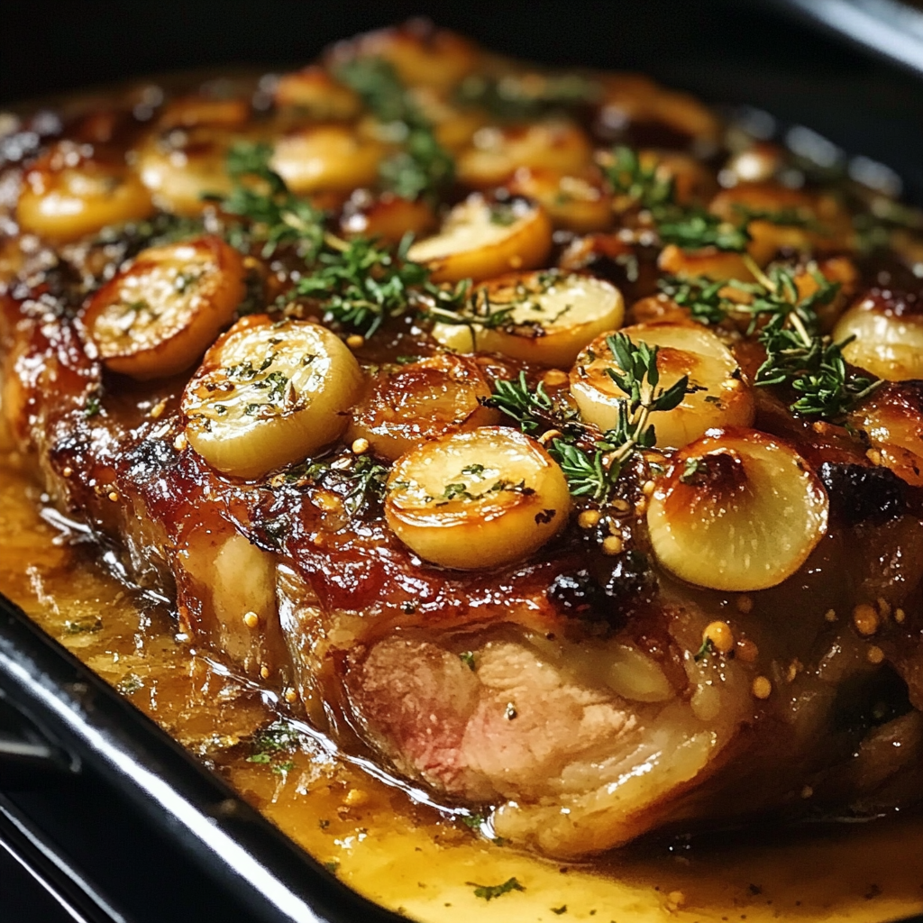 Slow-cooked lamb shoulder confit with sweet garlic, honey & mustard glaze
