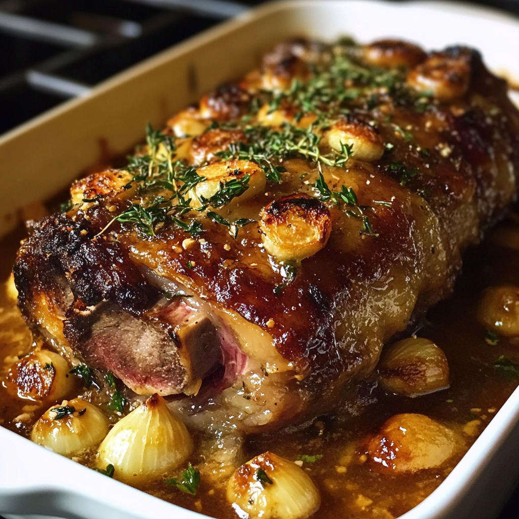 Slow-cooked lamb shoulder confit with sweet garlic, honey & mustard glaze