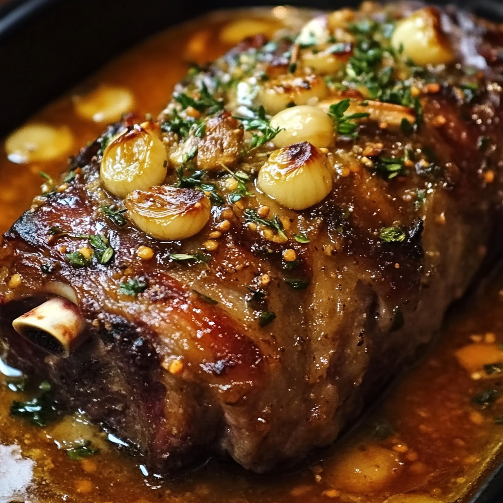 Slow-cooked lamb shoulder confit with sweet garlic, honey & mustard glaze