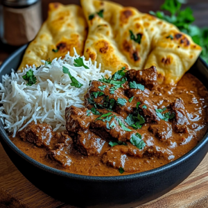fragrant slow-cooked beef curry with creamy coconut and garlic naan