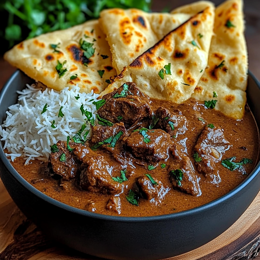 fragrant slow-cooked beef curry with creamy coconut and garlic naan