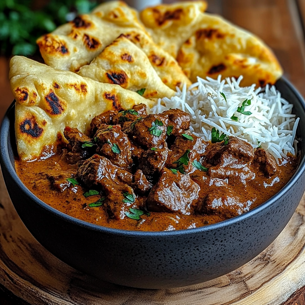 fragrant slow-cooked beef curry with creamy coconut and garlic naan